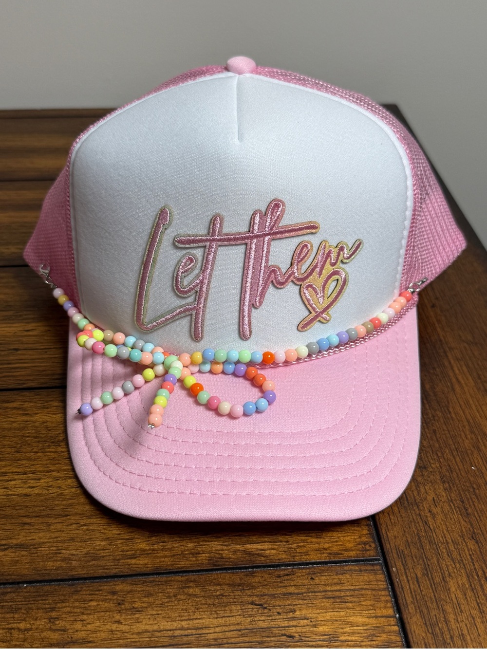 Let Them Pink Mesh Trucker Hat with Beaded Accent